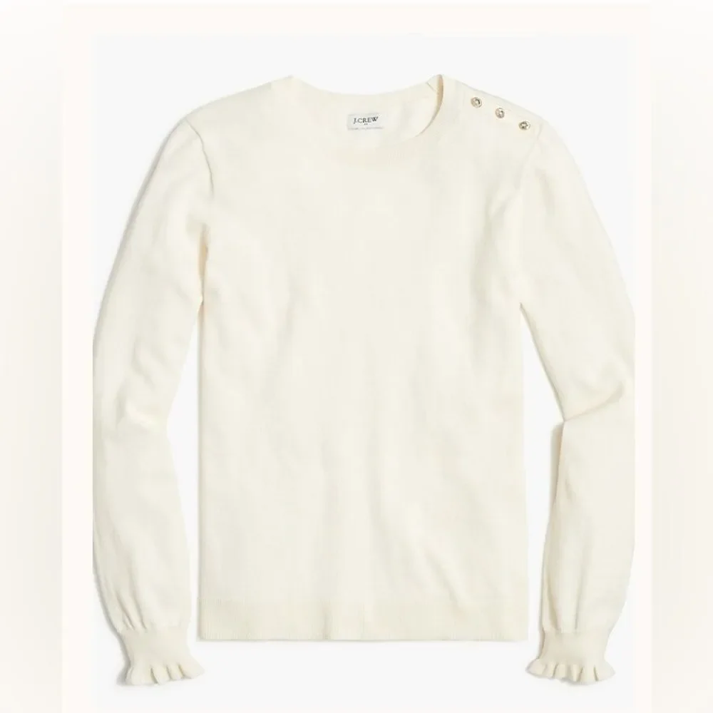 J. Crew Ivory Cotton Ruffle Rhinestone Sweater Size Large